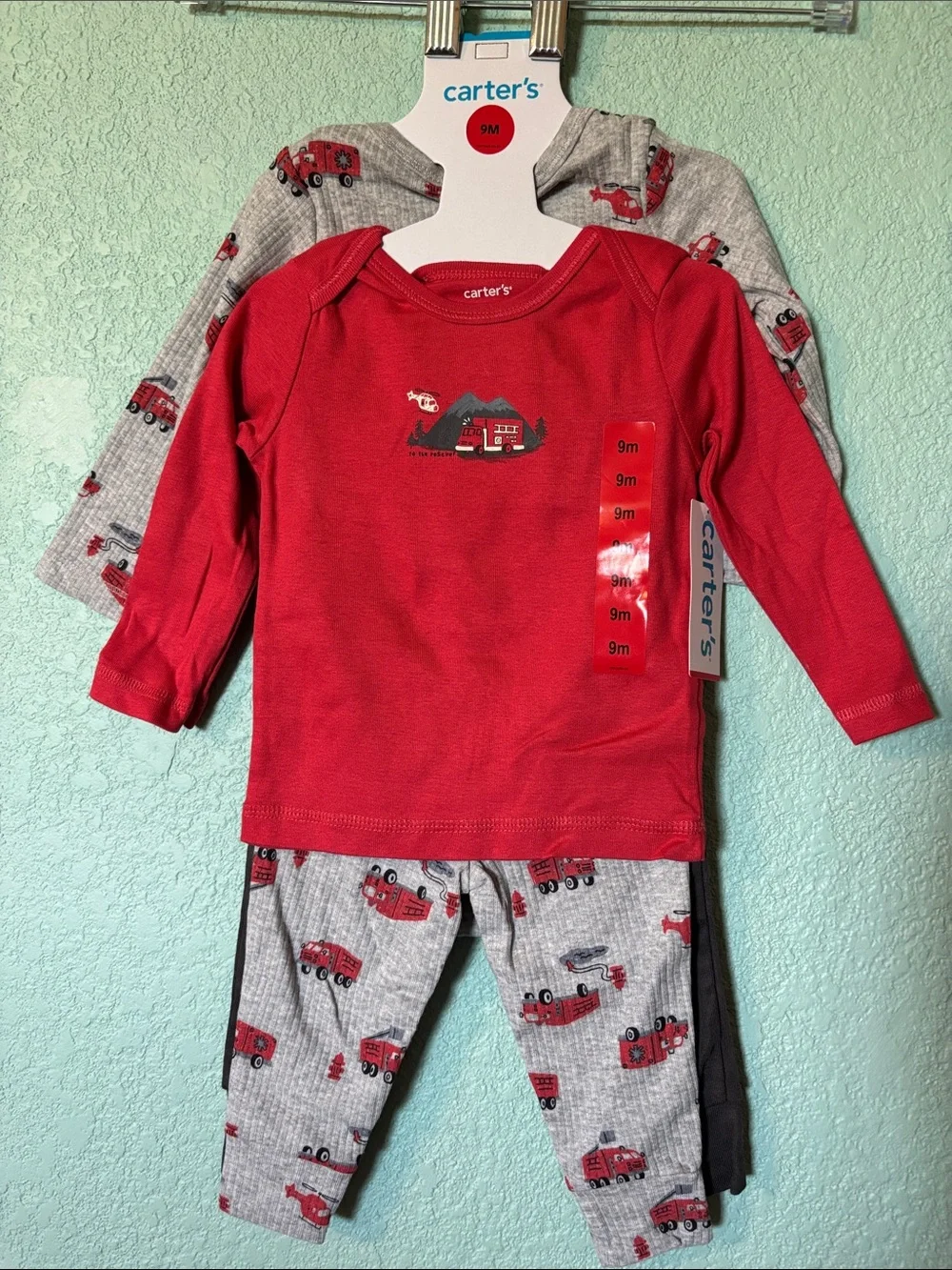 Carter's boys 4 piece long sleeve set fire truck print red 9 mos and 18 mos NWT